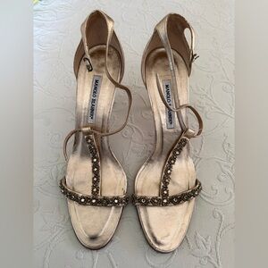 Manolo Blahnik Gold Strappy Heels with Gold Crystal Embellishments - size 42